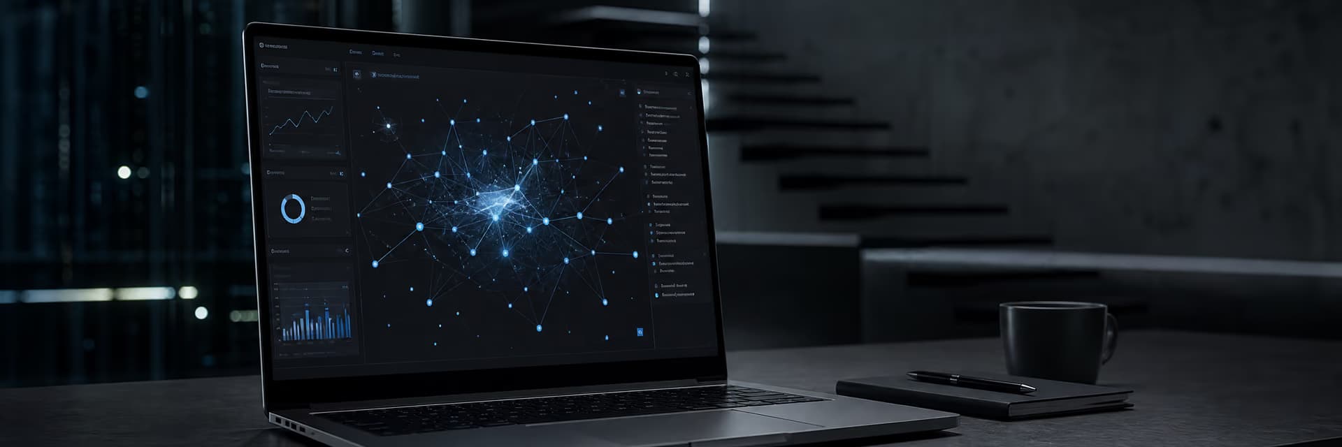 Ноутбук с графикой на экране, отображающей сеть соединений в темном интерьере.