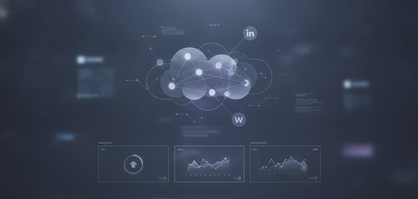 Схематическое представление облачного сервиса с графиками и данными на фоне.