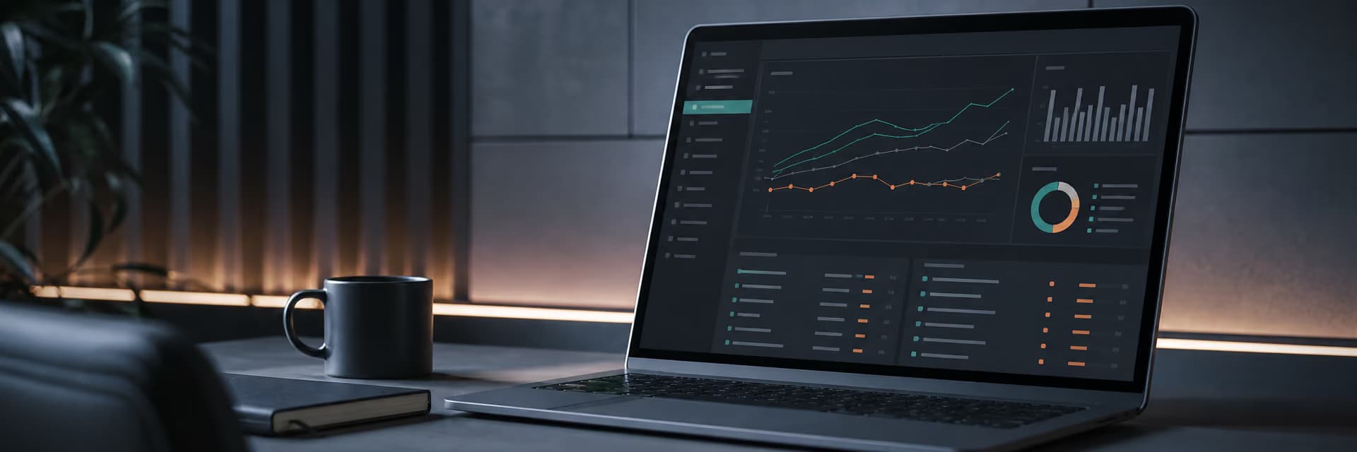 Ноутбук с графиками и аналитикой на темном столе рядом с чашкой и блокнотом.