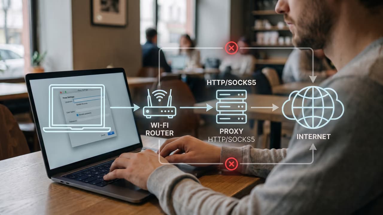 Схема подключения с Wi-Fi роутером, прокси-сервером и интернетом на ноутбуке в кафе.