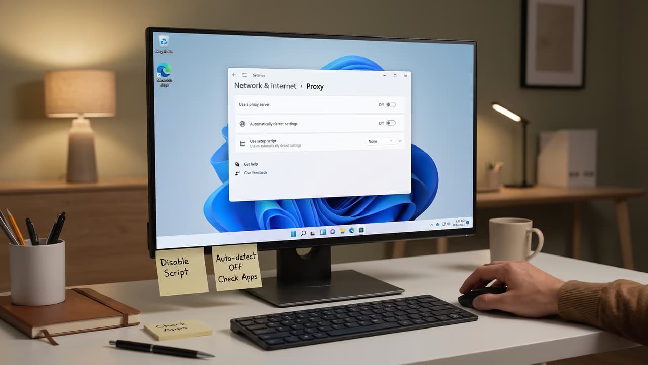 Экран компьютера с открытыми настройками прокси на Windows 11 и видимой клавиатурой.