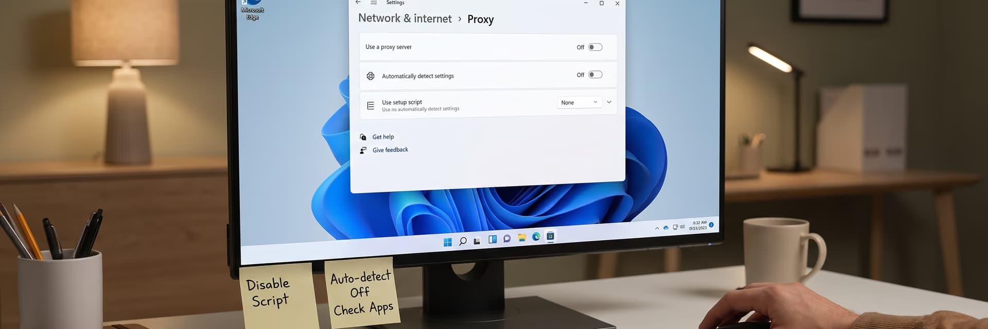 Экран компьютера с открытыми настройками прокси на Windows 11 и видимой клавиатурой.