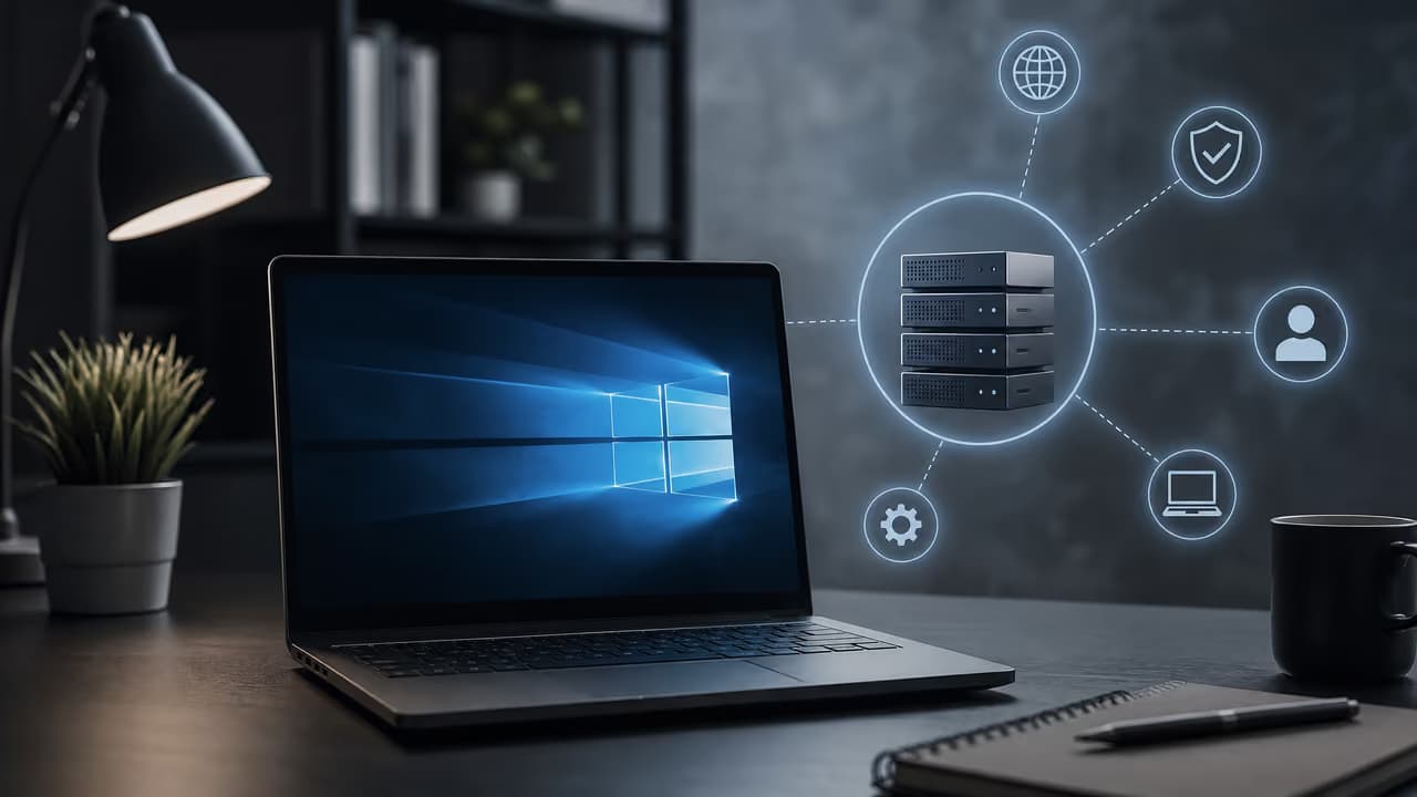 Ноутбук с логотипом Windows и сетью серверов на фоне современного интерьера.