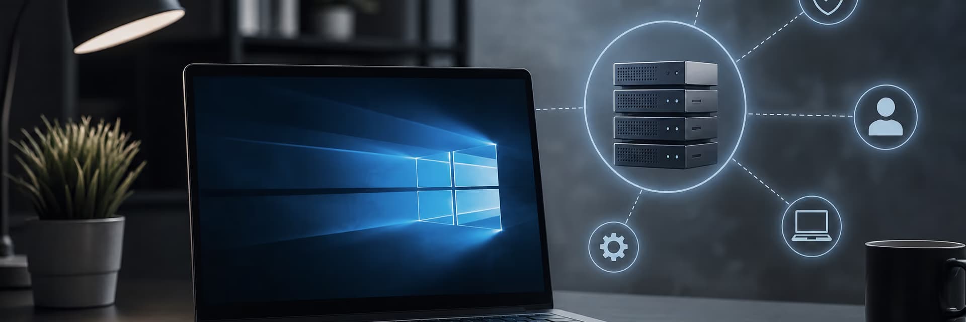 Ноутбук с логотипом Windows и сетью серверов на фоне современного интерьера.