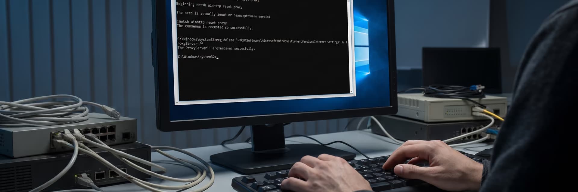 Экран с командной строкой Windows и процессом настройки прокси-сервера.