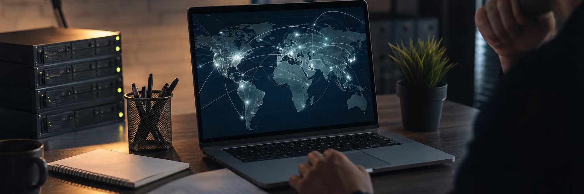 На экране ноутбука отображается карта мира с сетевыми подключениями и линиями связи.