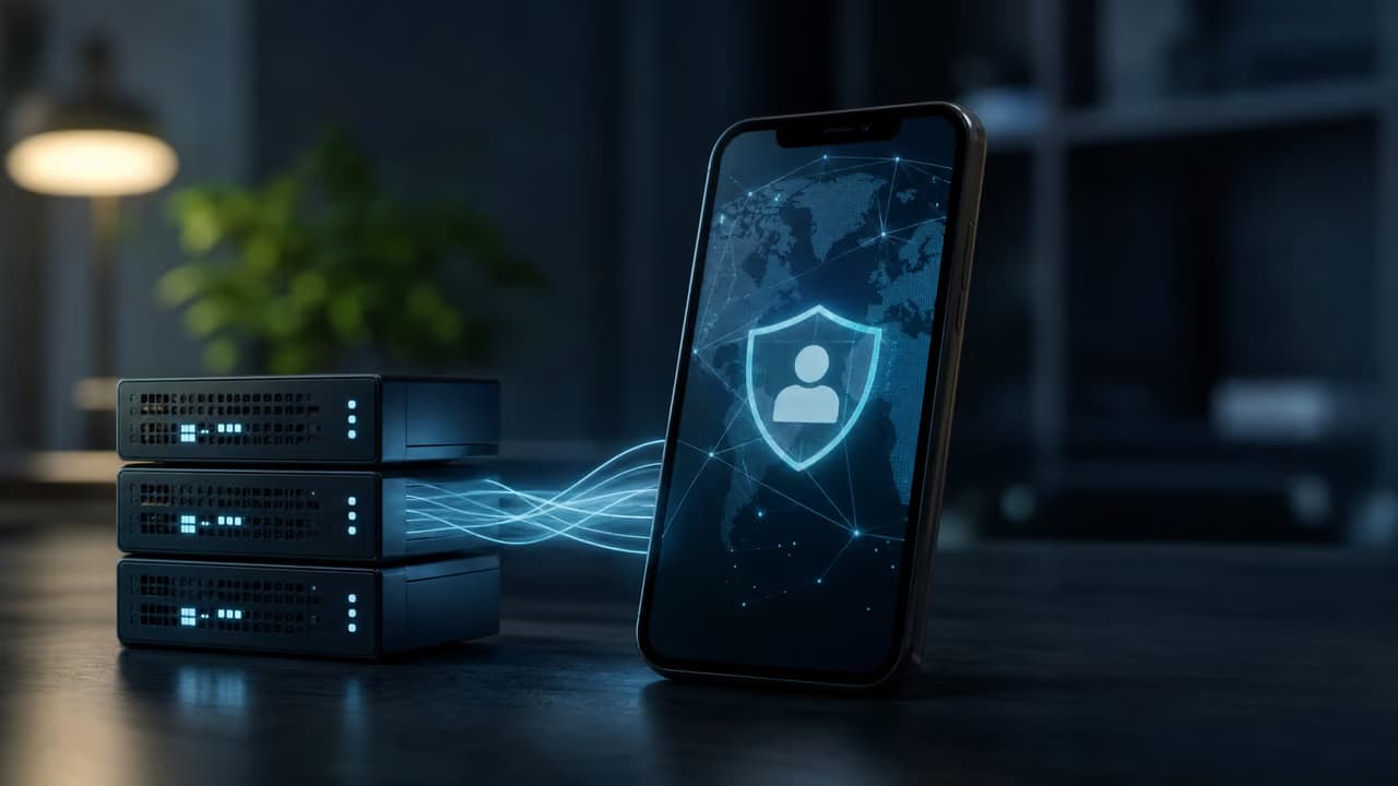 Смартфон с изображением защитного щита и глобальной карты, рядом с серверами.