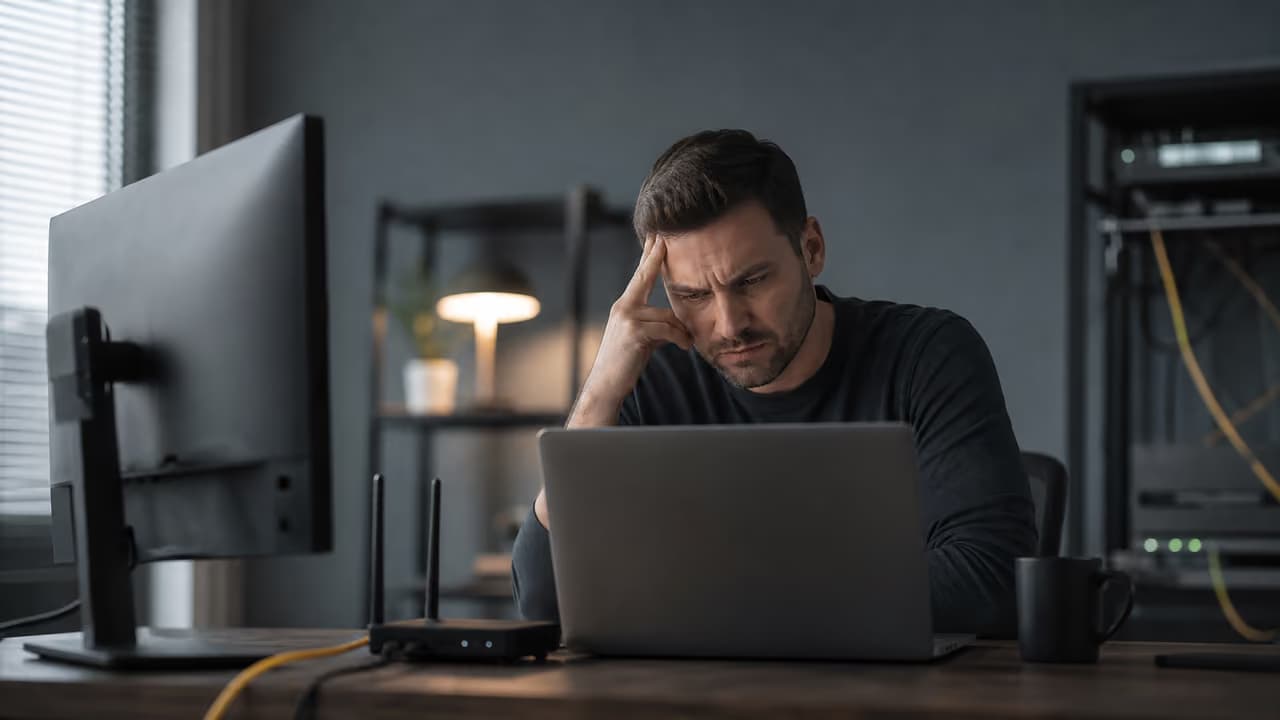 Мужчина в черной одежде с задумчивым выражением лица работает за ноутбуком.