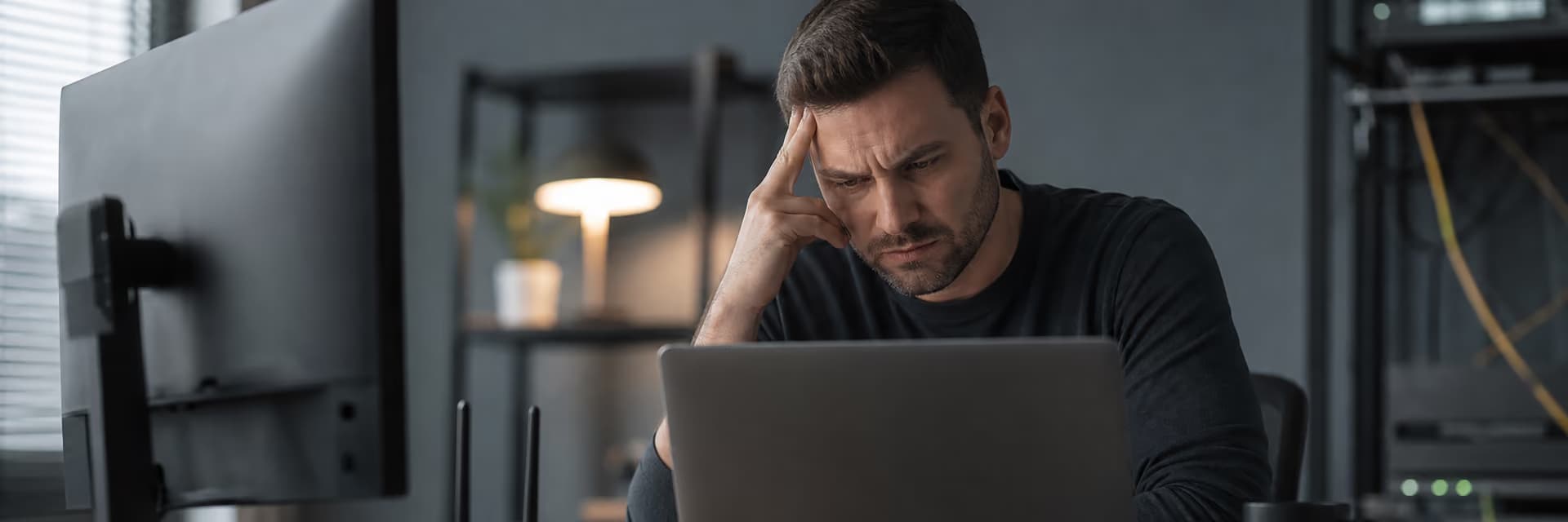 Мужчина в черной одежде с задумчивым выражением лица работает за ноутбуком.