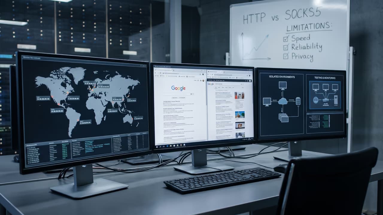 Три монитора на столе с картой мира, страницами Google и графическим изображением сети.