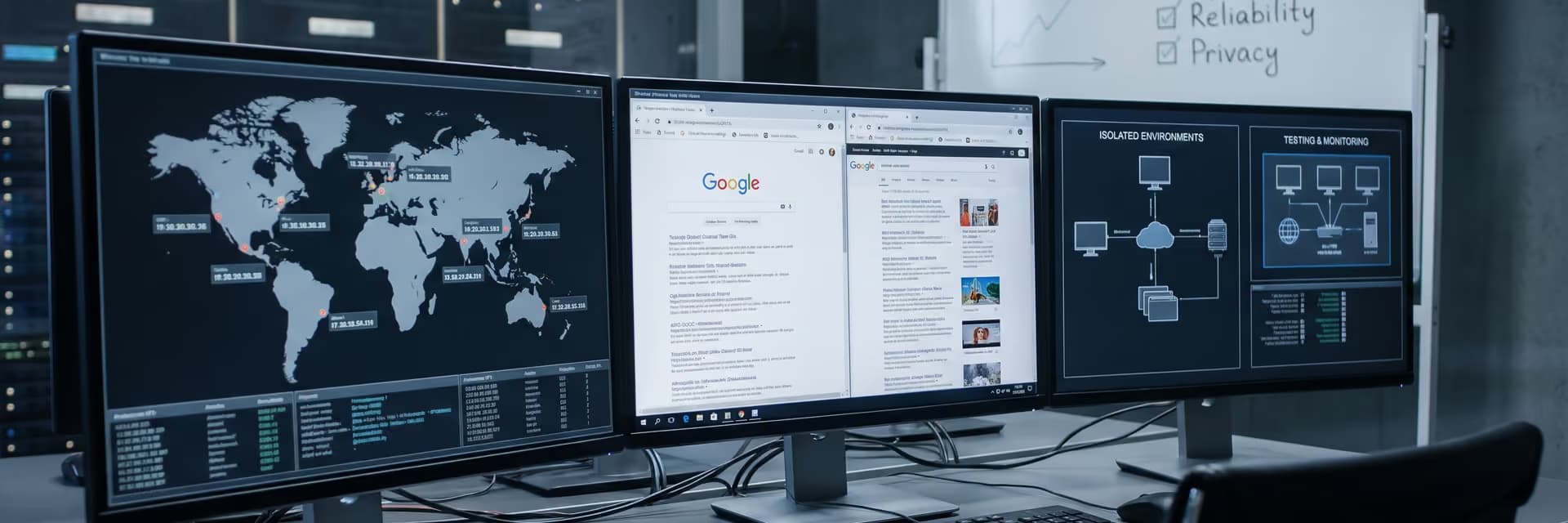 Три монитора на столе с картой мира, страницами Google и графическим изображением сети.