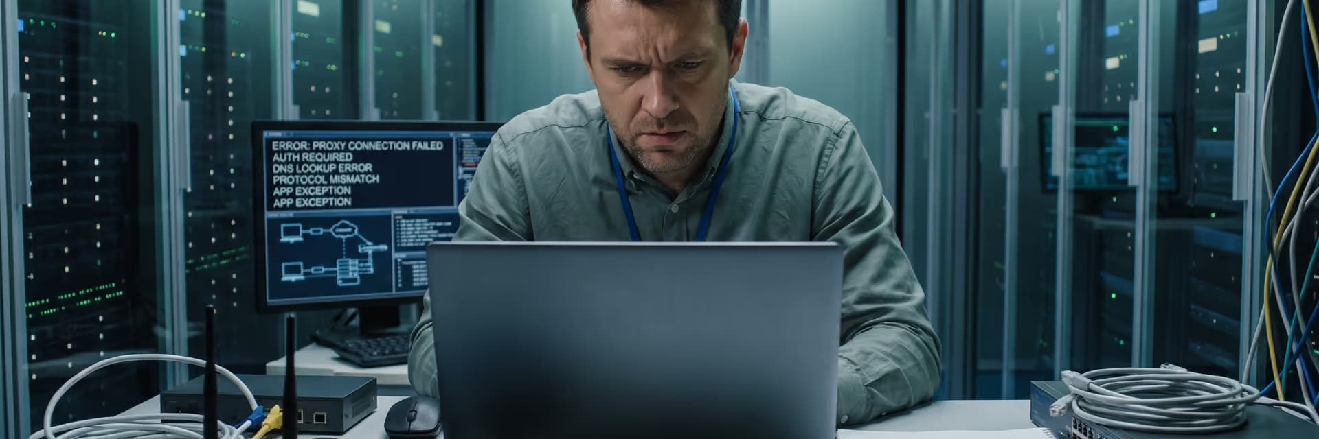Мужчина в офисе задумчиво работает на ноутбуке, перед ним — техническое оборудование и монитор с ошибками.