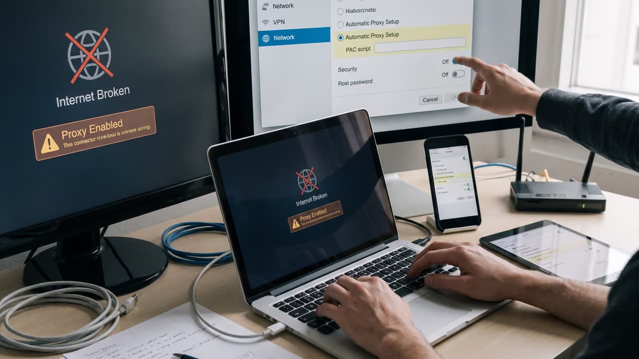 На экране ноутбука сообщение об ошибке подключения к интернету и включенном прокси.
