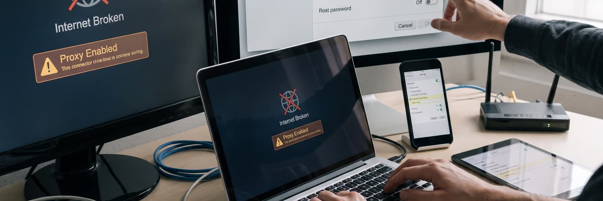 На экране ноутбука сообщение об ошибке подключения к интернету и включенном прокси.