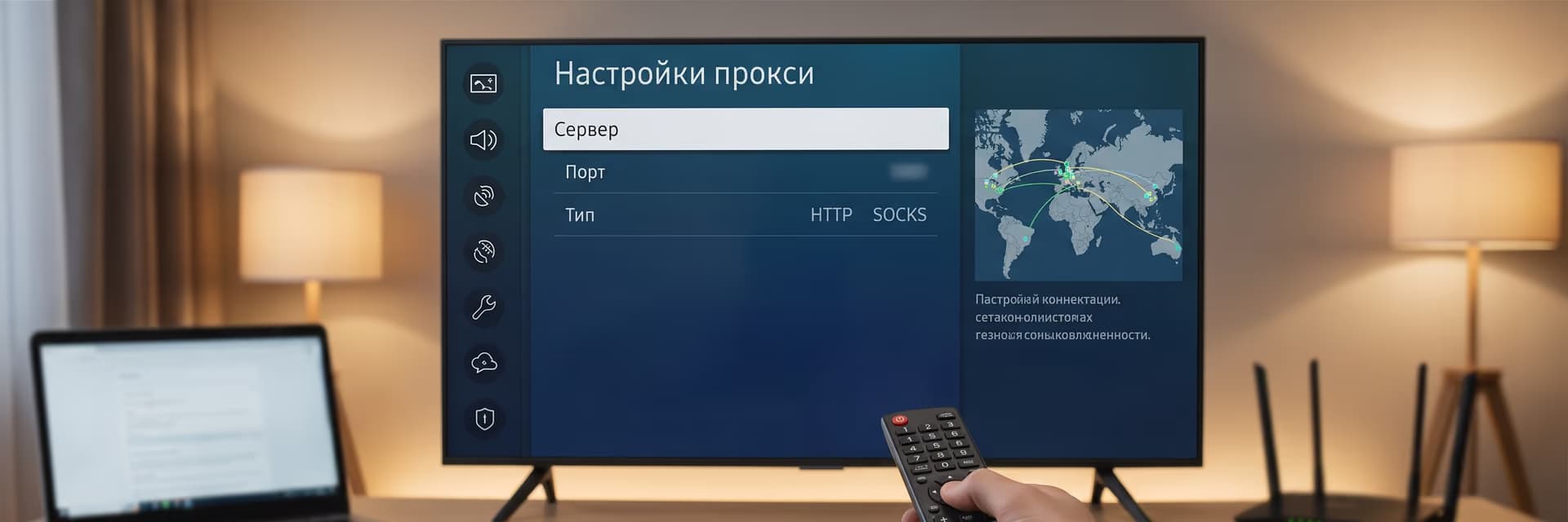 Настройки прокси на телевизоре с открытым меню и пультом дистанционного управления.