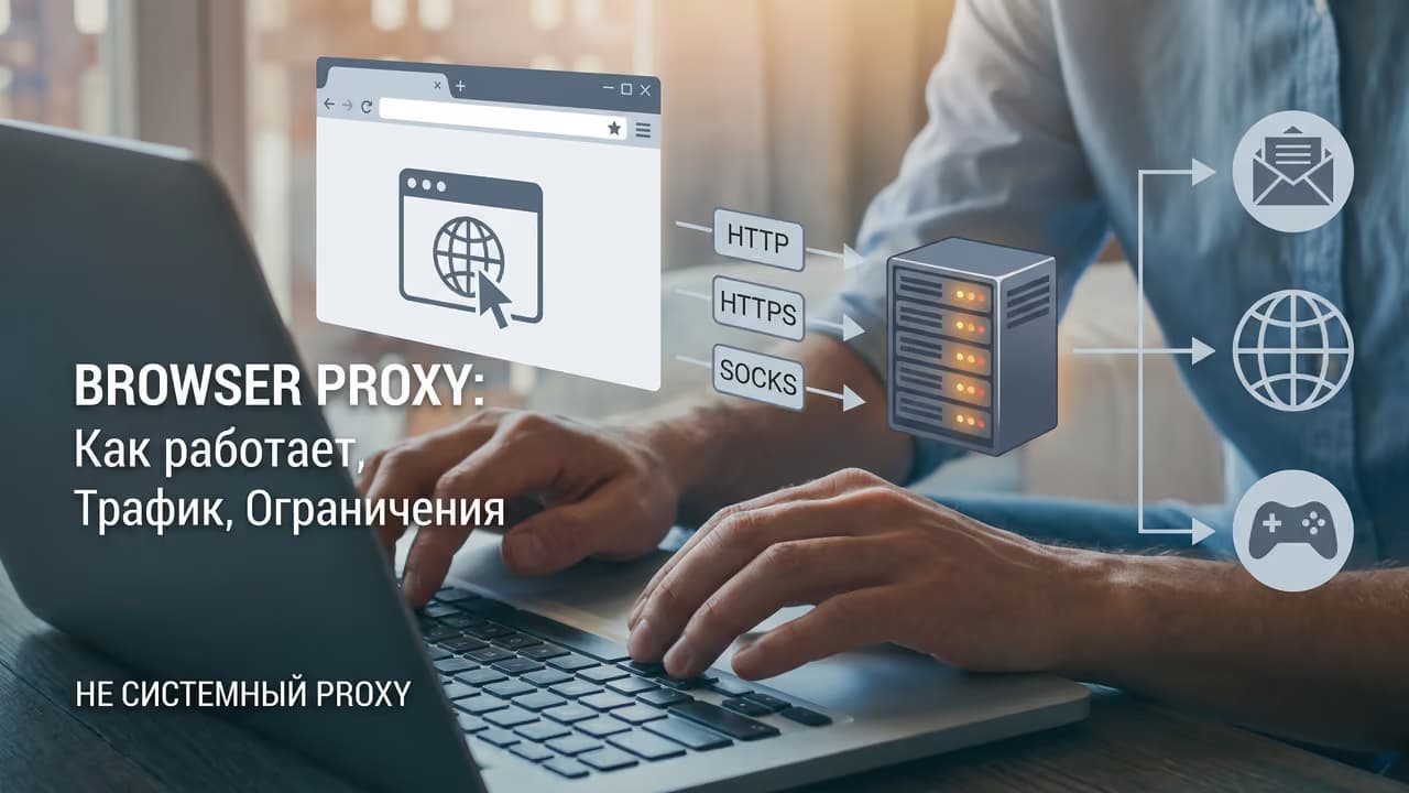 Человек работает за ноутбуком с иллюстрацией прокси-серверов и протоколов сети.