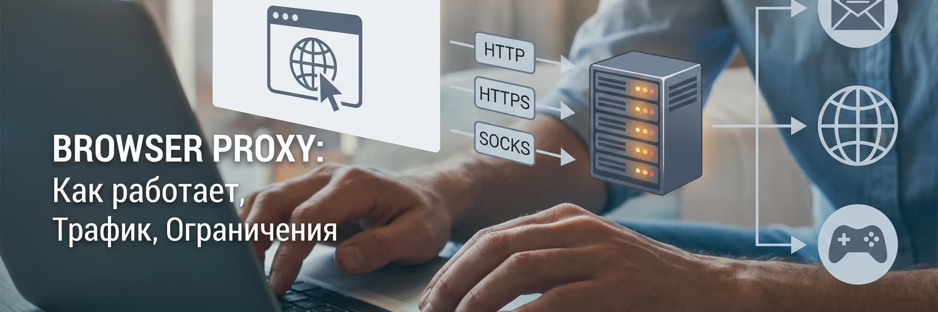 Человек работает за ноутбуком с иллюстрацией прокси-серверов и протоколов сети.