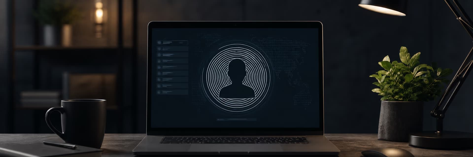 Ноутбук с изображением абстрактного силуэта человека на тёмном фоне и круговыми линиями.