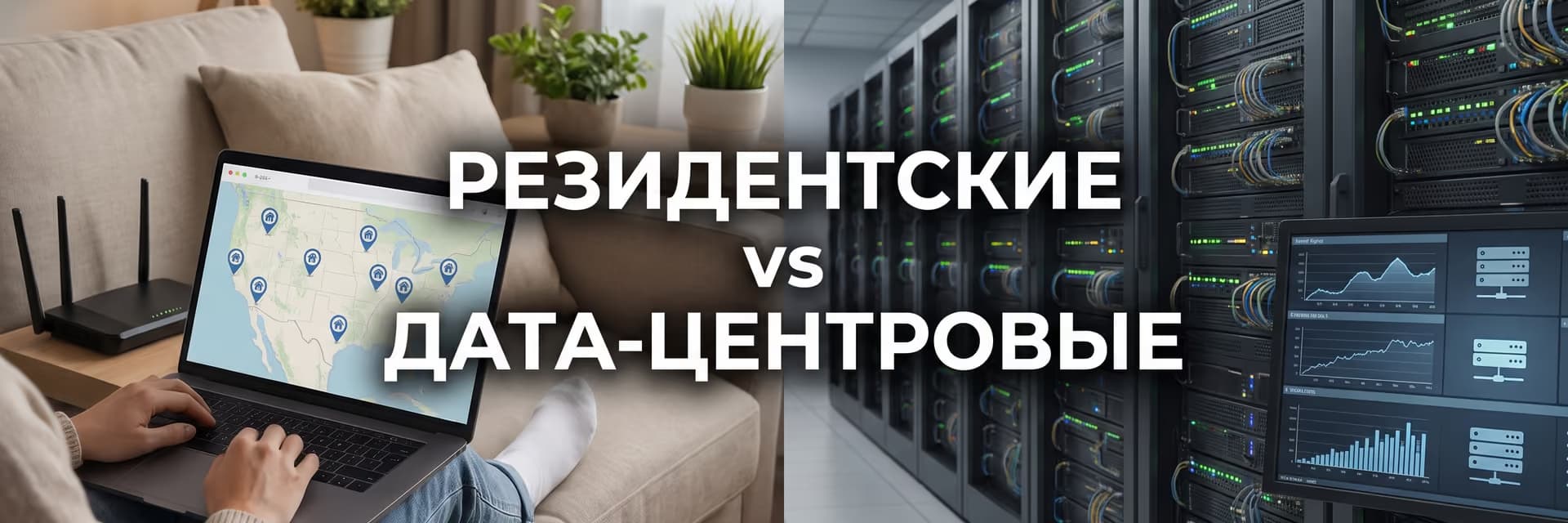 Сравнение резидентских и дата-центровых прокси с изображением домашнего офиса и серверной.