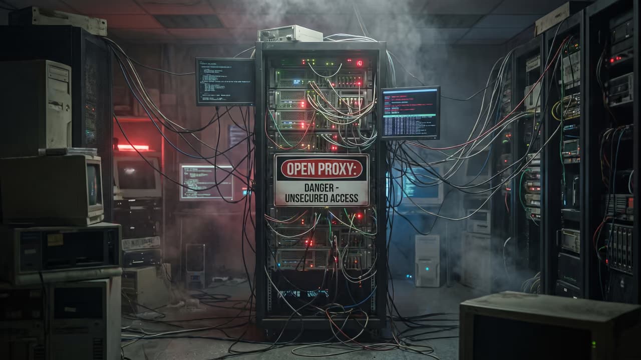 Серверный шкаф с множеством кабелей и экранами, на котором висит табличка "OPEN PROXY - DANGER - UNSECURED ACCESS".