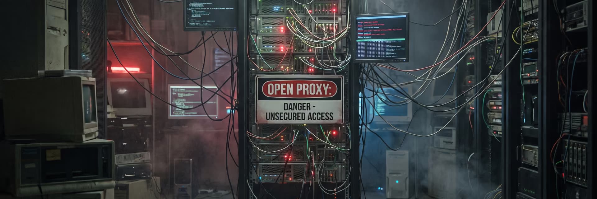 Серверный шкаф с множеством кабелей и экранами, на котором висит табличка "OPEN PROXY - DANGER - UNSECURED ACCESS".