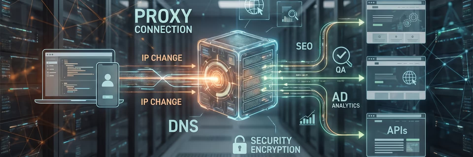 Схема работы прокси-сервера с изменением IP, DNS и безопасным шифрованием.