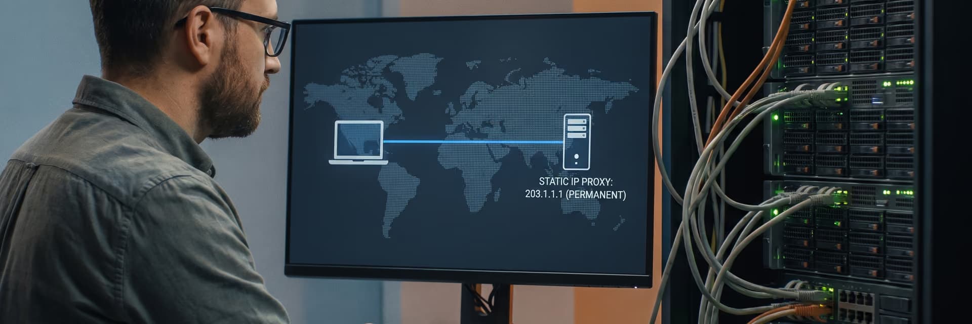 Человек за компьютером, подключенным к статическому IP-прокси, на фоне карты мира.