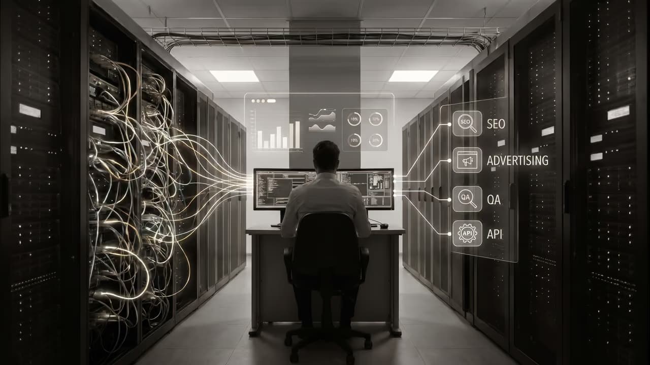 Человек за столом в серверной комнате работает с данными на компьютере и монитором.