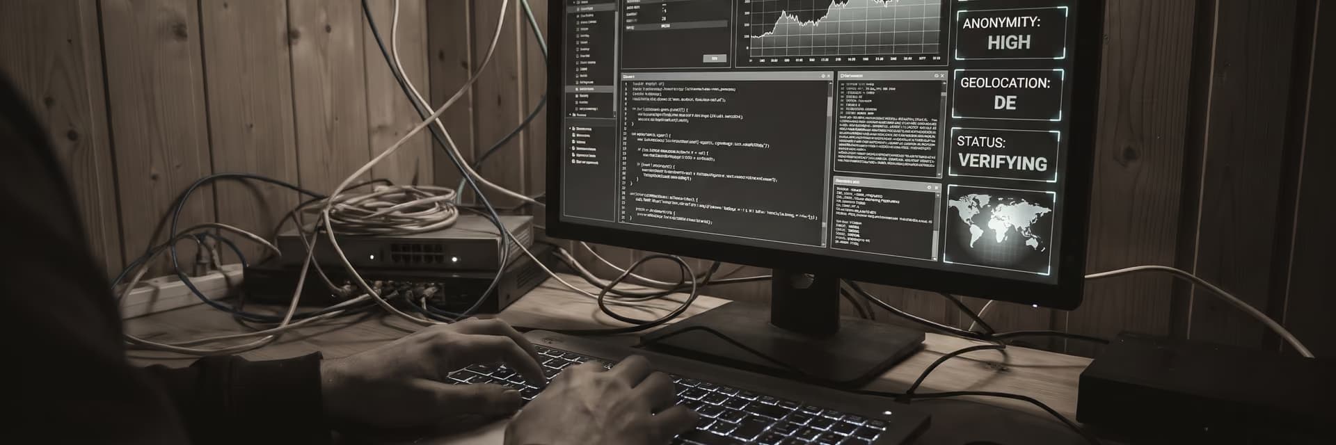 На экране компьютера отображается аналитическая информация и статус подключения.