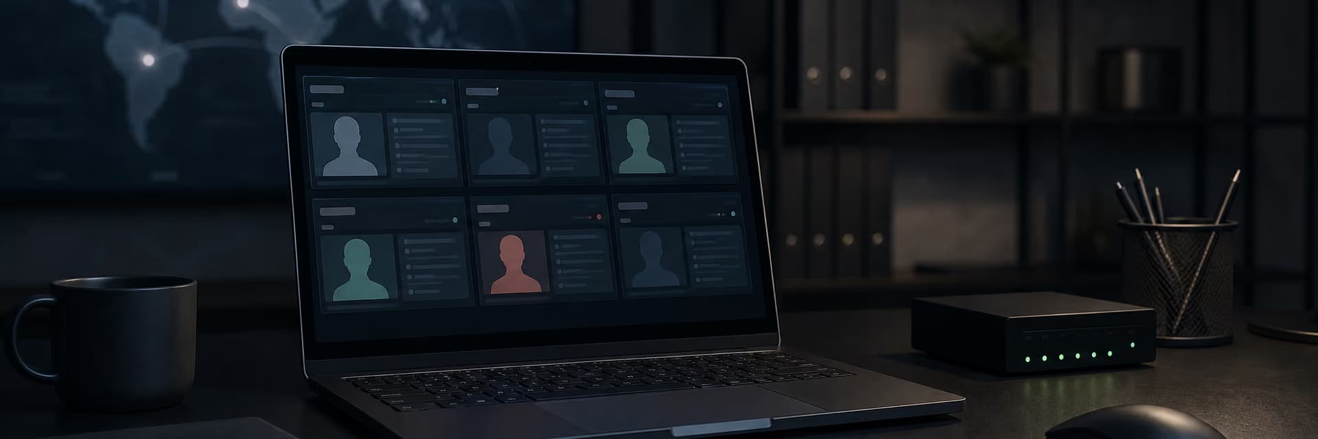 Ноутбук с экраном, отображающим интерфейс управления пользователями и профили с разными статусами.