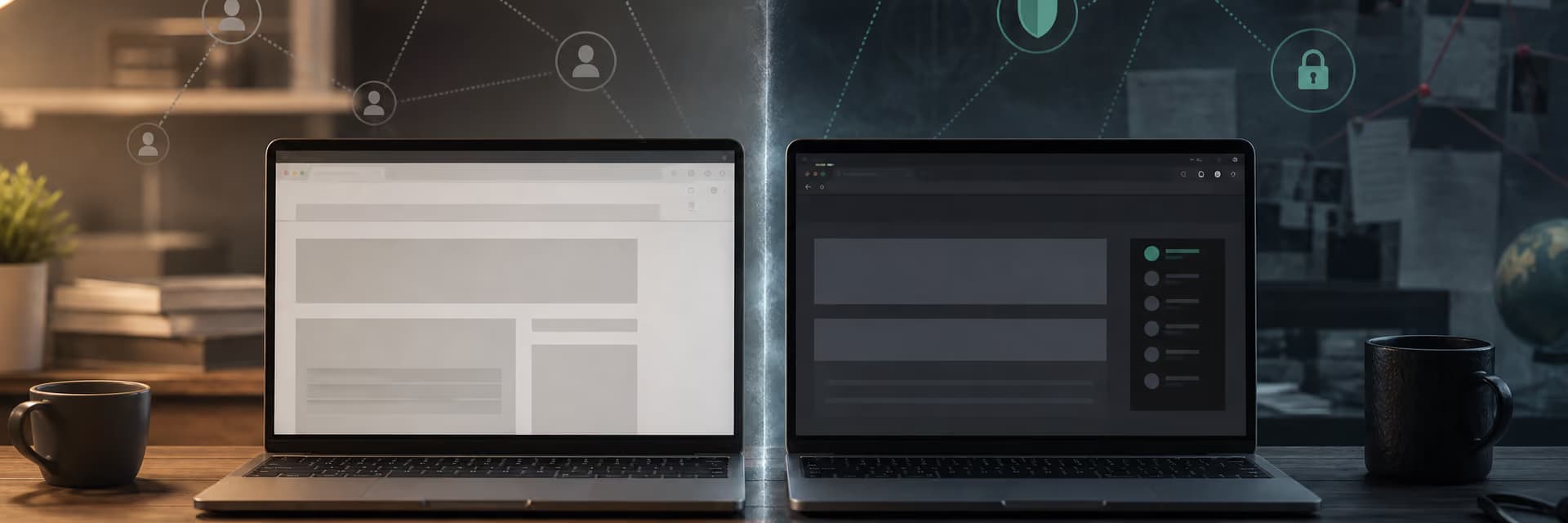 Два ноутбука, один с обычным интерфейсом, другой с темным режимом и элементами безопасности.