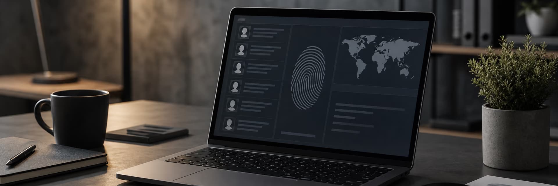 Ноутбук с темным интерфейсом, отображающим отпечаток пальца и мировую карту.