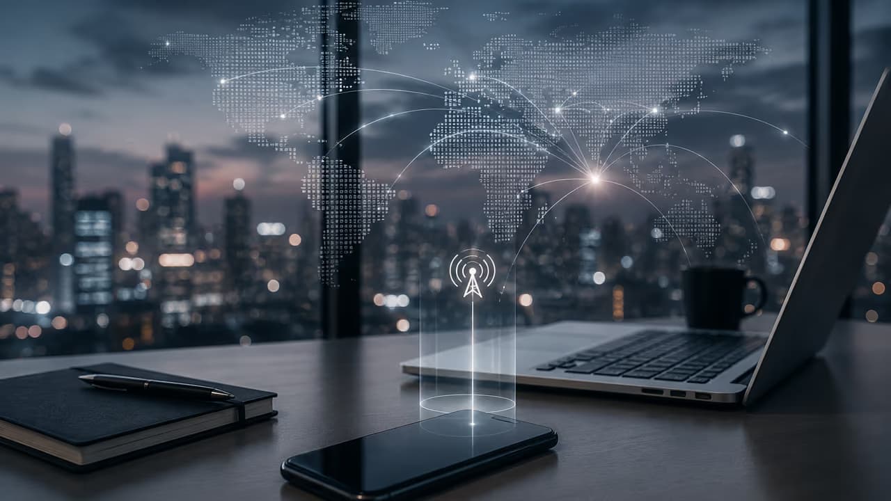 Смартфон на столе с графическим представлением глобальной сети и передачи данных.