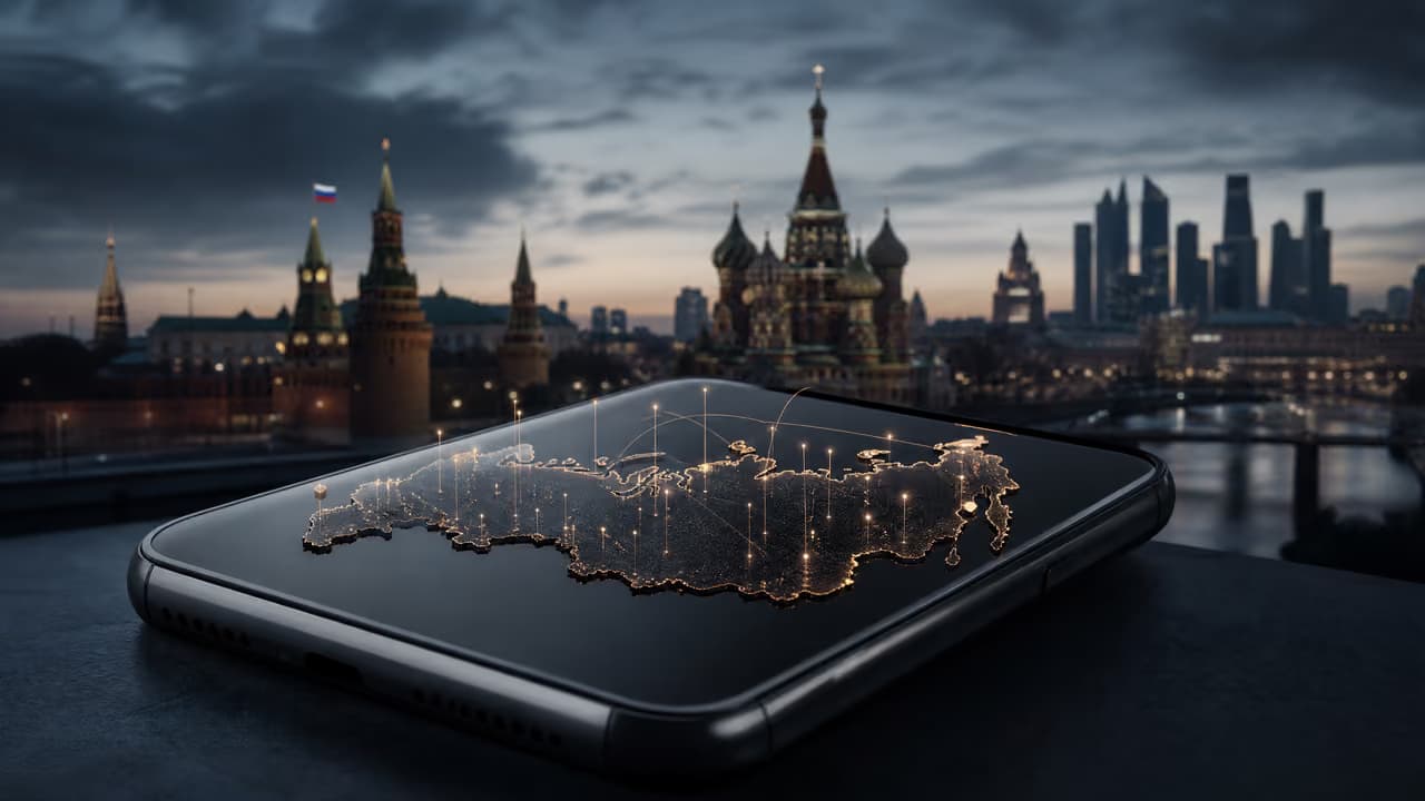 Смартфон с изображением карты России и огнями на фоне московских достопримечательностей.