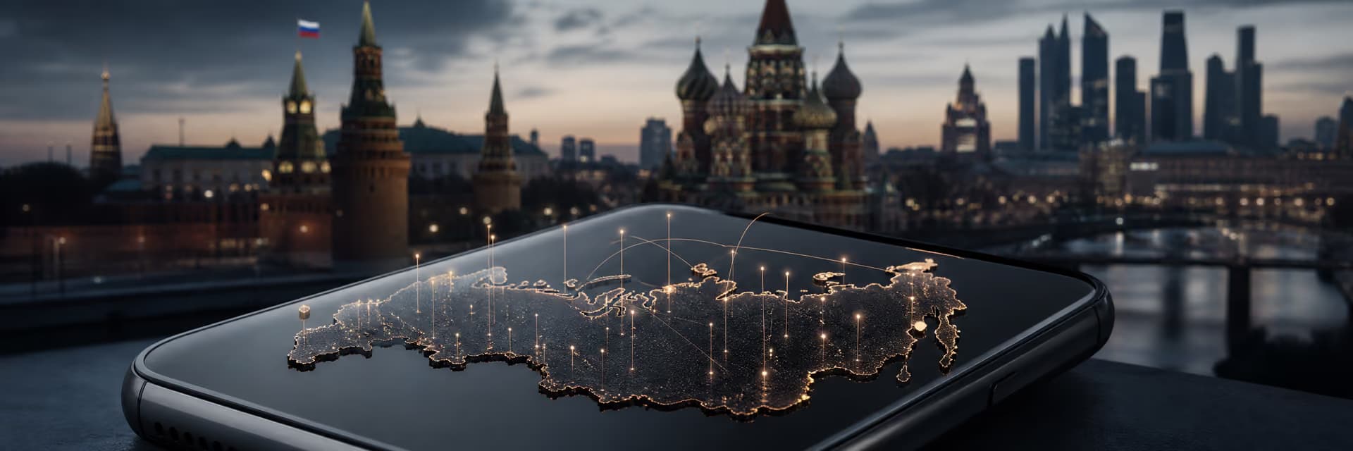 Смартфон с изображением карты России и огнями на фоне московских достопримечательностей.