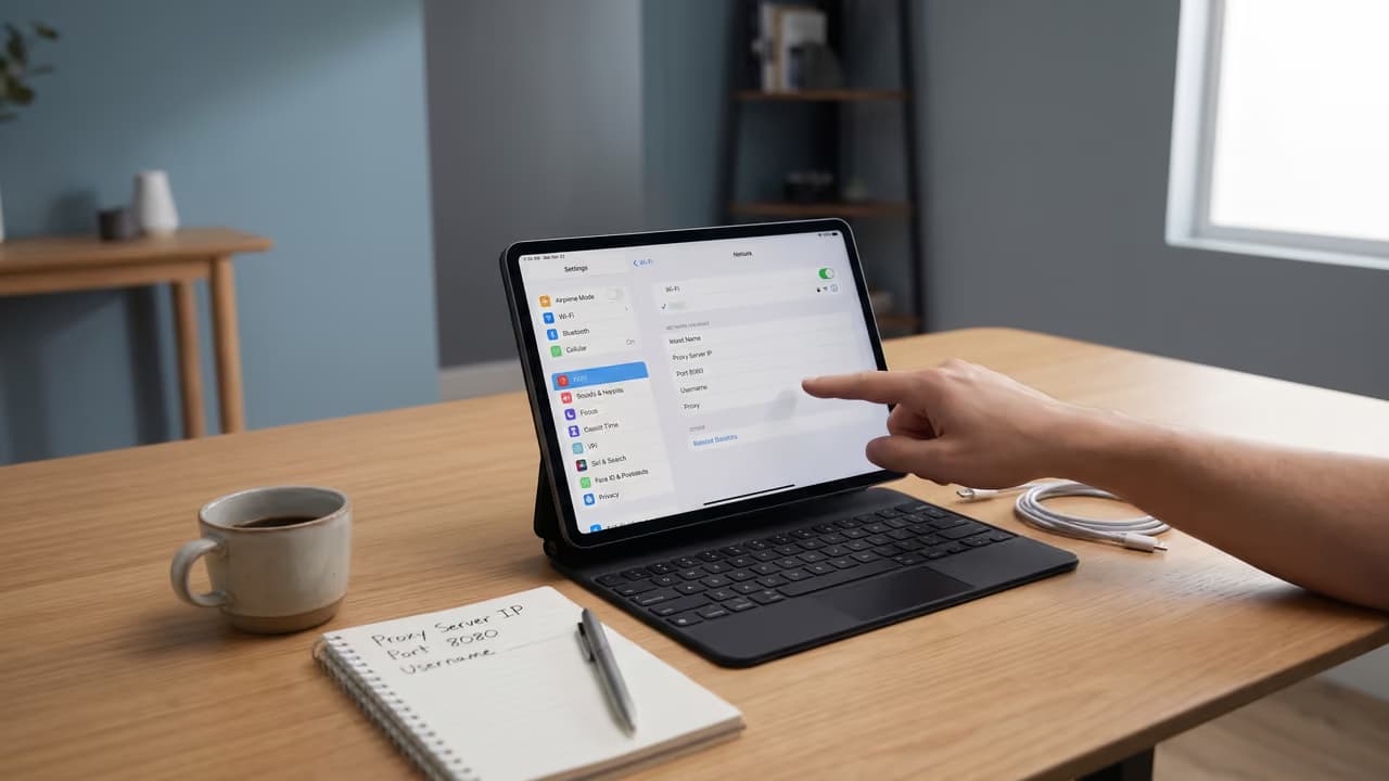 На столе лежит планшет с открытыми настройками Wi-Fi и прокси-сервером, рядом блокнот и ручка.