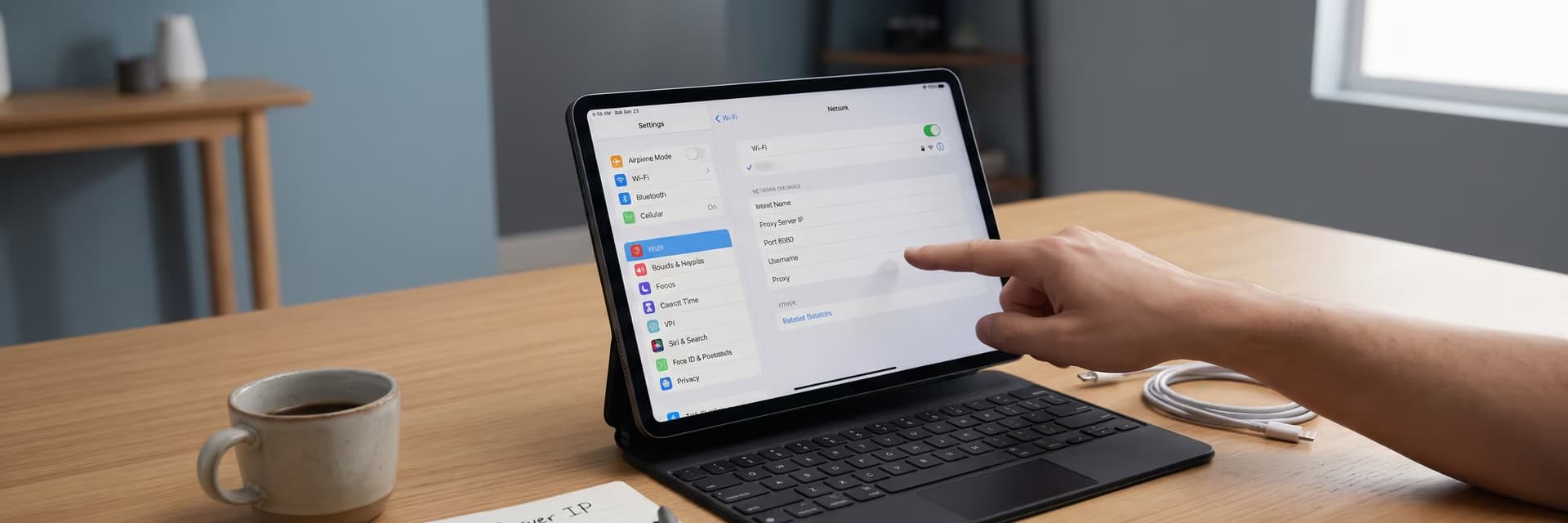 На столе лежит планшет с открытыми настройками Wi-Fi и прокси-сервером, рядом блокнот и ручка.