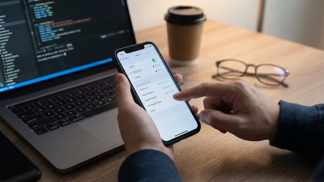 Человек настраивает Wi-Fi на смартфоне, рядом ноутбук и стакан кофе.