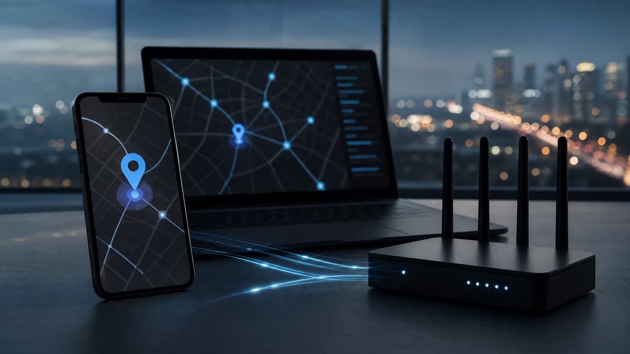 Смартфон и ноутбук с картой, подключенные к маршрутизатору, отображают данные о местоположении.