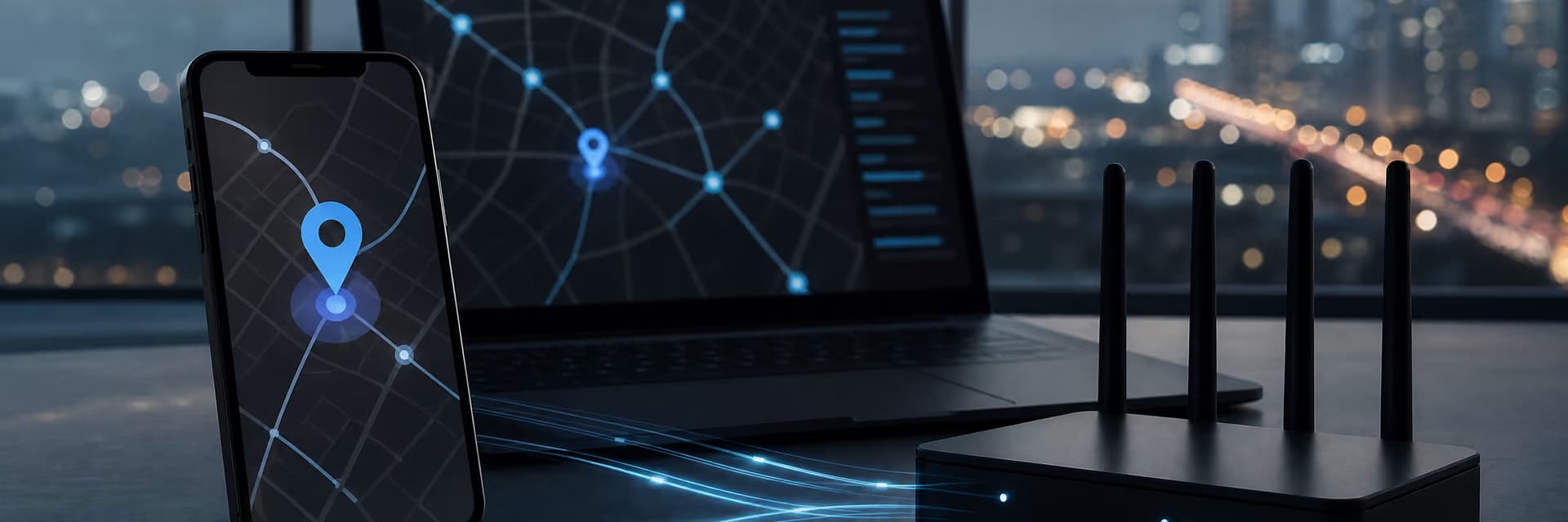 Смартфон и ноутбук с картой, подключенные к маршрутизатору, отображают данные о местоположении.