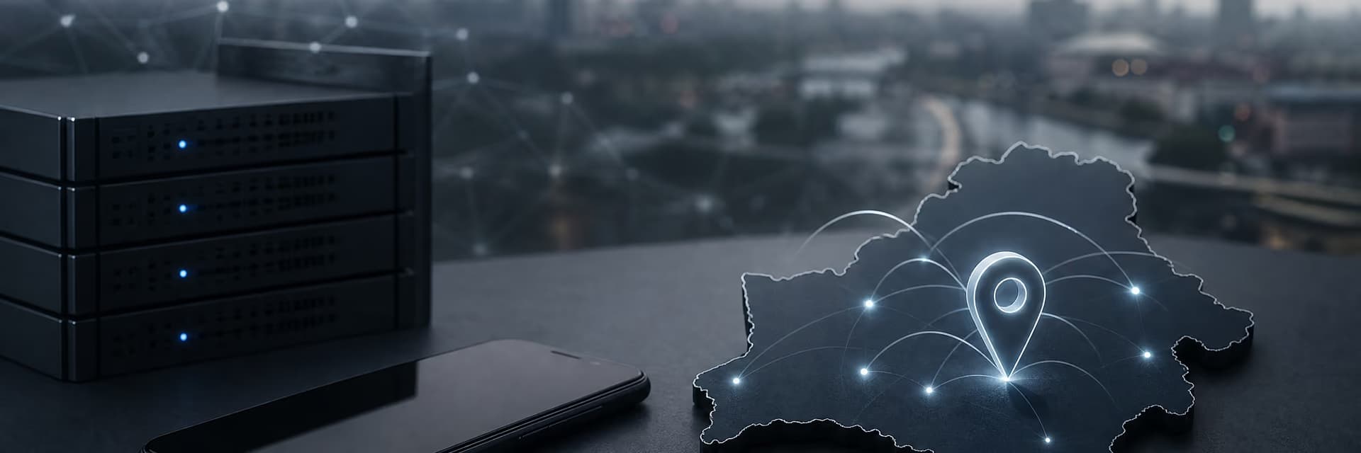 Схематическая карта с обозначением местоположения и соединениями, рядом смартфон и элементы связи.
