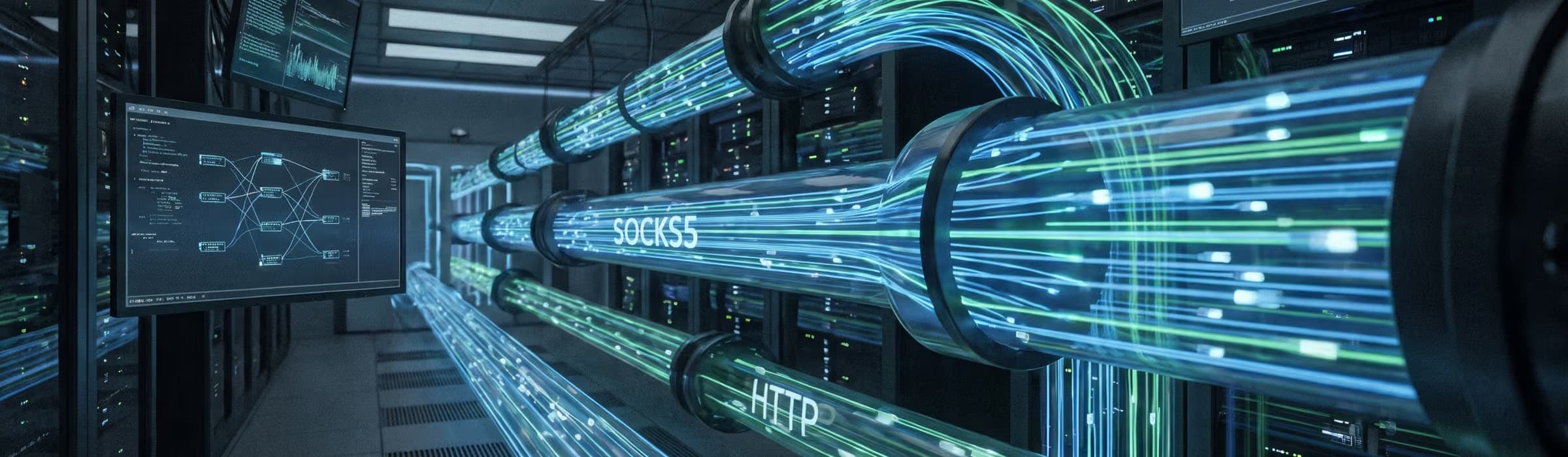 Система серверов с визуализацией потоков данных, обозначенных как SOCKS5 и HTTP.